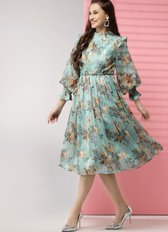 Turquoise Blue & Beige FloralPrinted Fit and Flare Dress