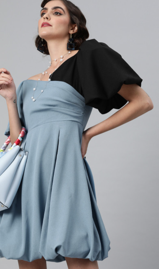 Women Blue & Black Colourblocked Party Mini Balloon Dress