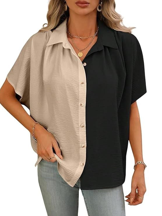 GRECIILOOKS Oversized Shirt for Women | Shirt Top for Woman |Women’s Color Block Button Down Blouse – Casual Loose Fit Short Sleeve Summer Shirt’s Work, Vacation & Everyday Wear
