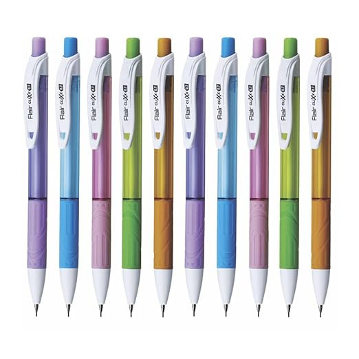 FLAIR Clixx Medium 0.7 mm Mechanical Pencil Pouch Pack | Triangular Barrel for Relaxed Drawing | Free One Lead Tube with Each Pencil | Light Weight with Comfortable Grip | Pack of 10