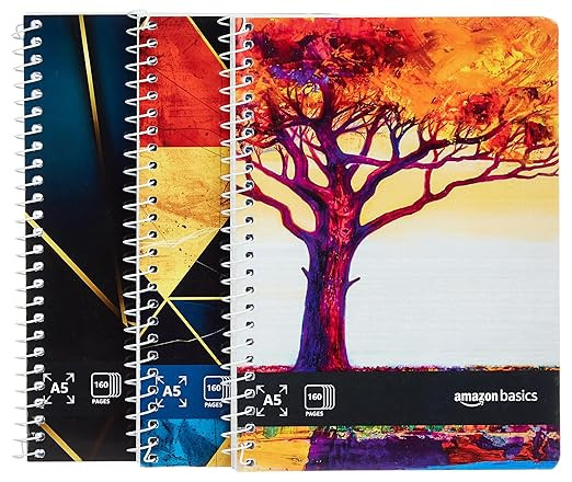 amazon basics Metal Spiral Notebooks A5 Size 160 Sheet | High Bright Paper | Single Ruled | Thick Black Covers