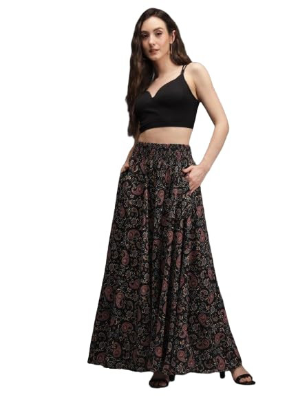 Women Viscose Crepe Flared Printed Palazzo Elasticated Waist Loose-fit & Regular, Casual Wear (Free Size 28 to 42 Waist)
