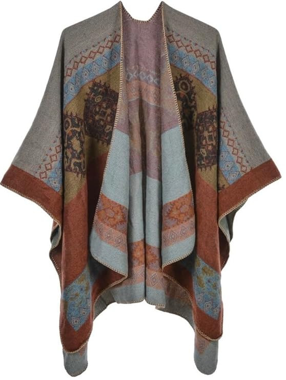 Women's Color Block Warm Shawl Wrap Poncho Cape Open Front Long Winter Coat