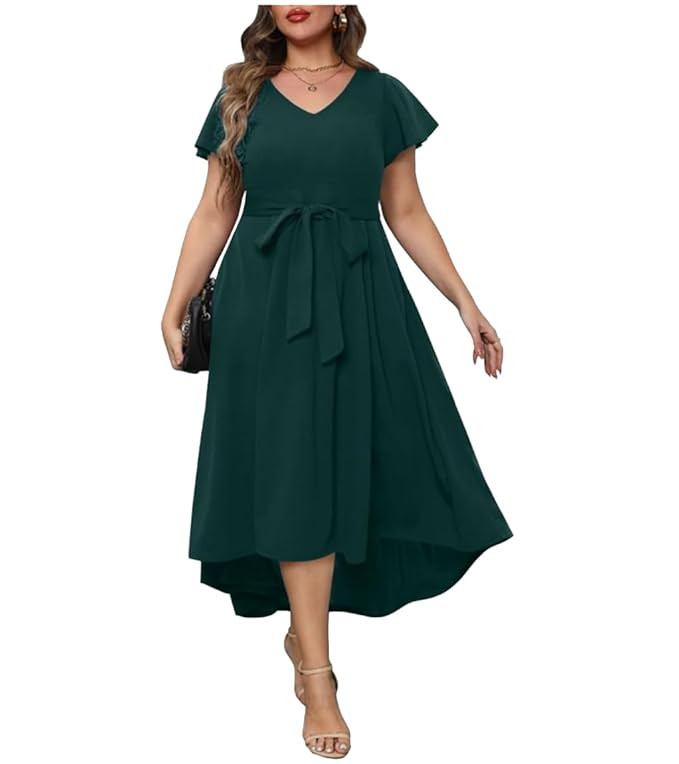 C4D Women Plus Size V-Neck High-Low Maxi Maxi Gown Dress