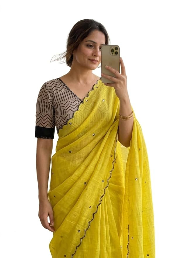 new linen cotton saree with black mirror work