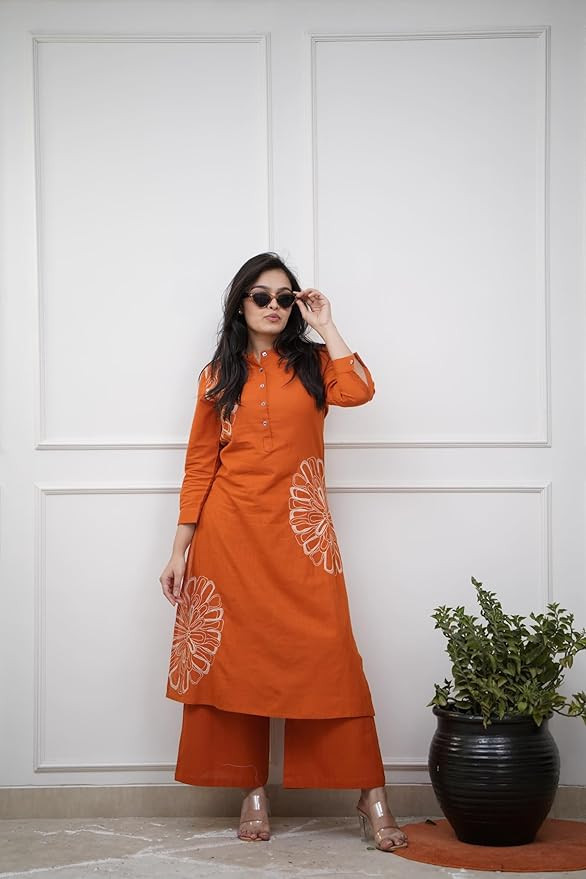 GoSriKi Kurta Sets for Women Cotton Blend | Kurta Palazzo Set for Women | 2 Piece Kurti for Girls | Embroidered Ethnic Suit Set | Festive Party Office Outfits
