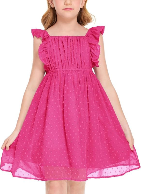 Girls Ruffle Sleeve Swiss Dot Dress Stretchy A-Line Flutter Sleeve Casual Dress