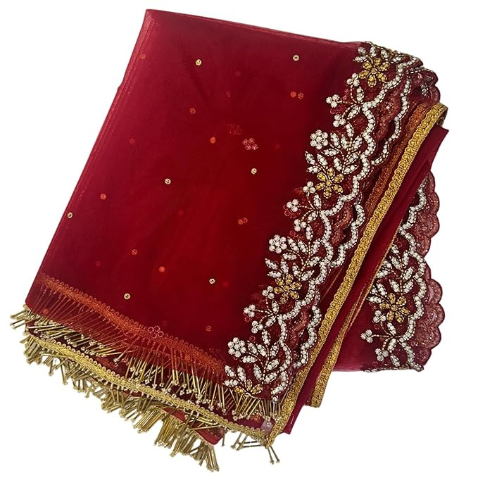 Reddish Maroon Designer Handwork Dupatta for Women | Heavy Wedding Dupatta with Traditional Detailing