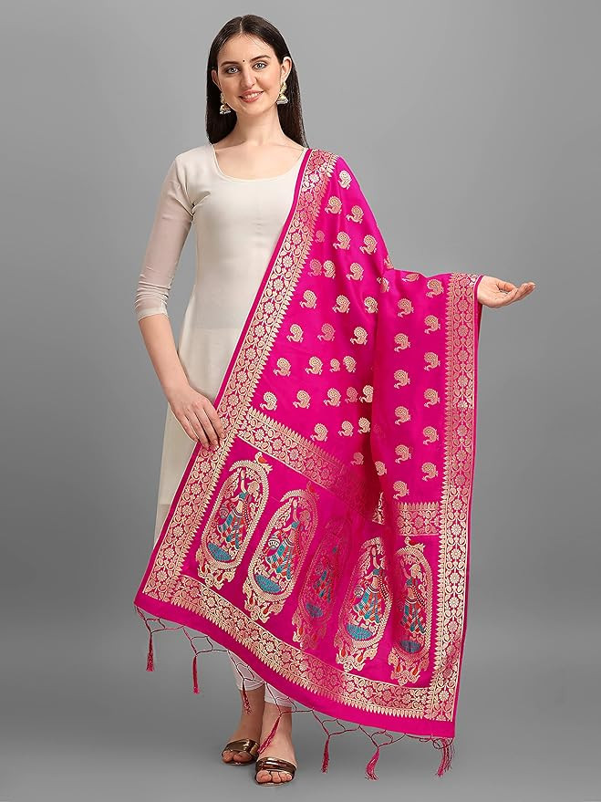 DEVANGI Women's Woven Banarasi Silk Zari Dupatta/Chunni, Width 1 Meter, Length 2.5 Meter