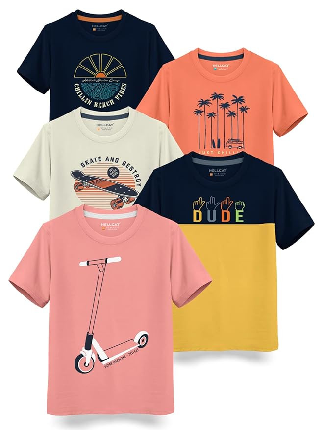HELLCAT Boys Round Neck Printed Blended Cotton Tshirt -Combo Pack of 2 - Orange/Blue