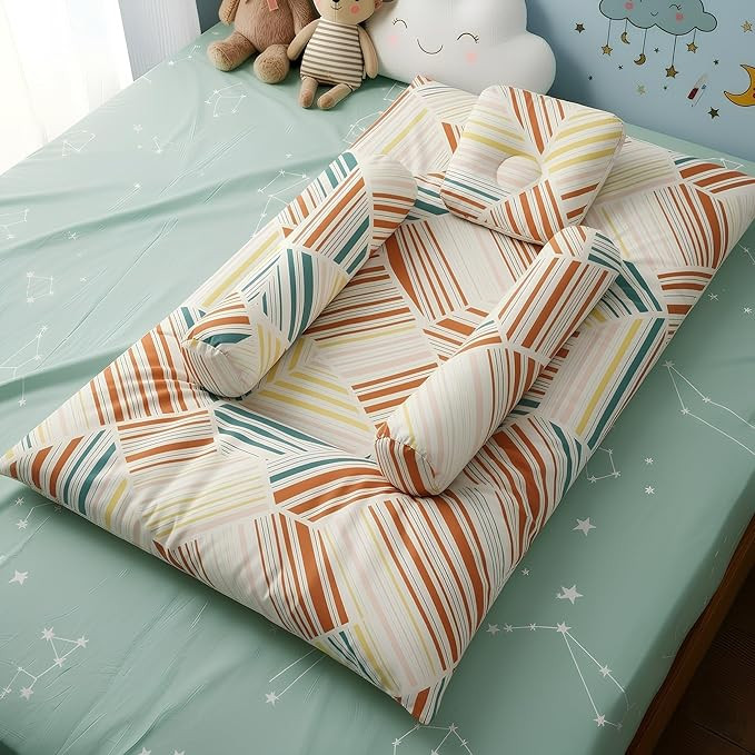 StarAndDaisy Newborn Baby Bedding Set, Baby Bed Soft & Breathable, Godari Boys & Girl Design, 100% Cotton Cushioned Mattress Sheet with 2 Side Bolster Pillows & 1 Head Pillow - Check Print