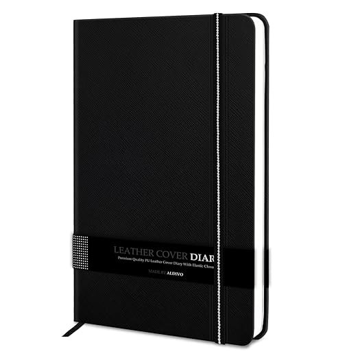 ALDIVO Signature Series Black Premium Texture Leather Cover Hardbound Notebook Diary with Elastic Closure | 192 Blank Pages | Size A5 | Personal Journal Diary for Office, Men and Women