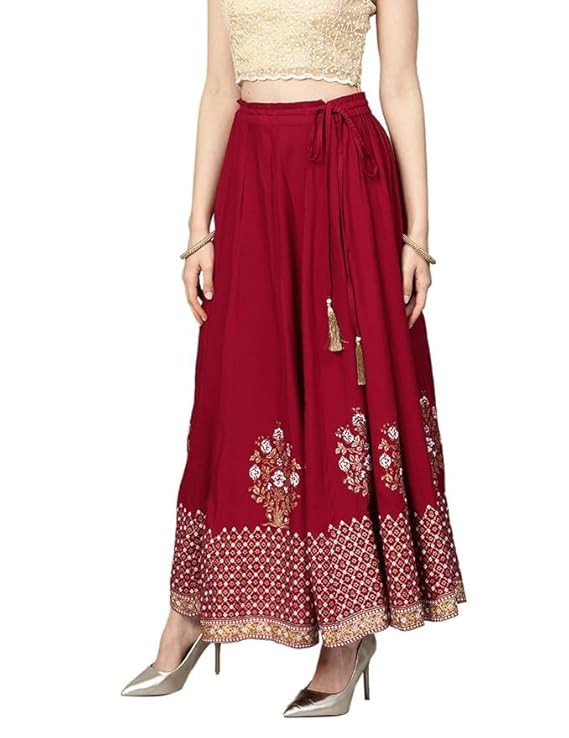 Rajasthani Jaipuri Women Traditional Ethnic Flared Gold Print Long Skirt Elastic with Full Length Free Size l Skirts for Women_Royal_Model_01