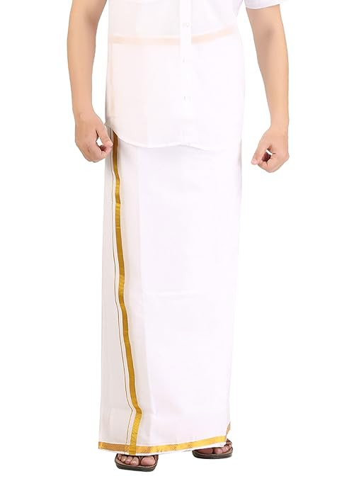 PRAKASAM COTTON Men's Combed Cotton Finer Quality Double Dhoti (8 Mulam) - 3.80Mtrs/ Double Dhoti With Gold Jari Border
