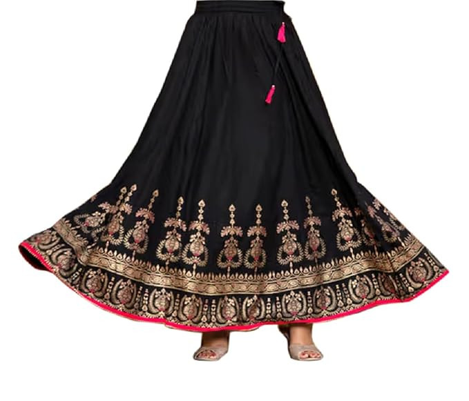Alphanic Woman/Girl Rajasthani Jaipuri Traditional Ethnic Gold Print Elastic Full Length Skirt
