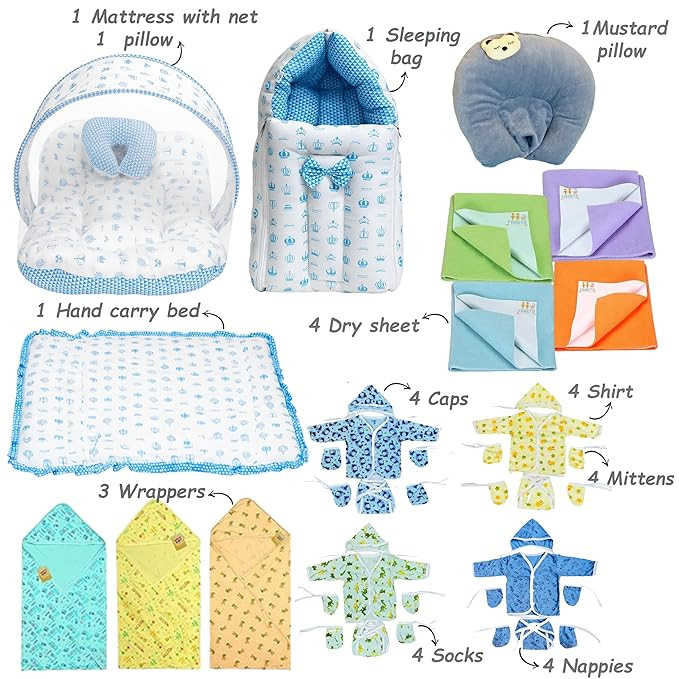 Infantbond by fareto Newborn Baby Bedding Essentials | Daily Needs Items | Hopsital kit Ready Combo | Baby Products All (Pack of 32) (0-6months)(Taj Blue)