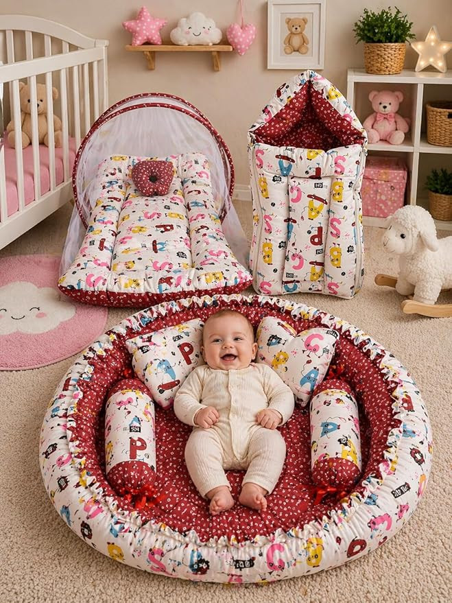 Presents New Born Baby Bedding Set with 1 Sleeping Bag, 1 Mosquieto Net & 1 Round Bedding Set