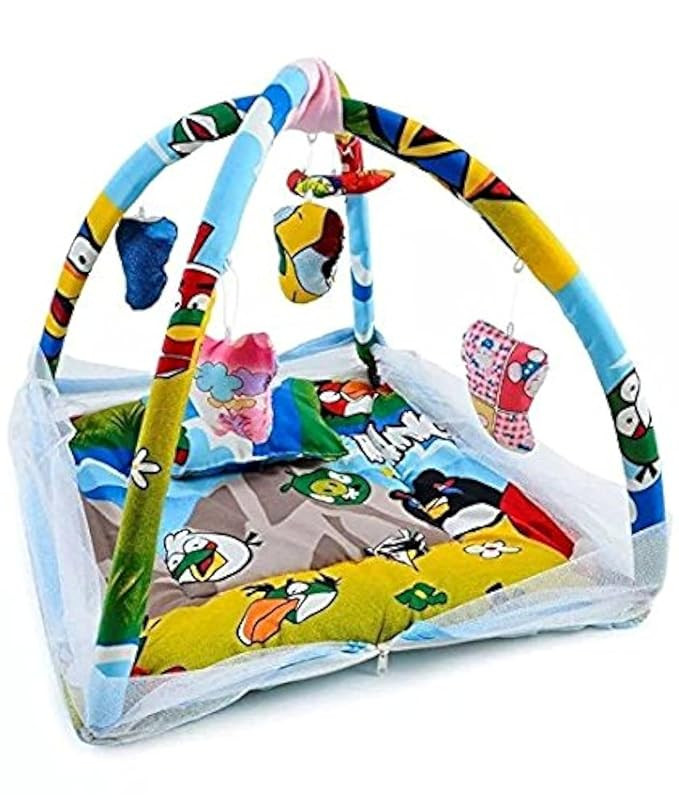 Baby Bedding Set Glace Cotton 200TC Fabric || Playmat New Born Baby Kids Bed with Mosquito net Quilt and pillow|| color - Blue || 1 piece || Gift set