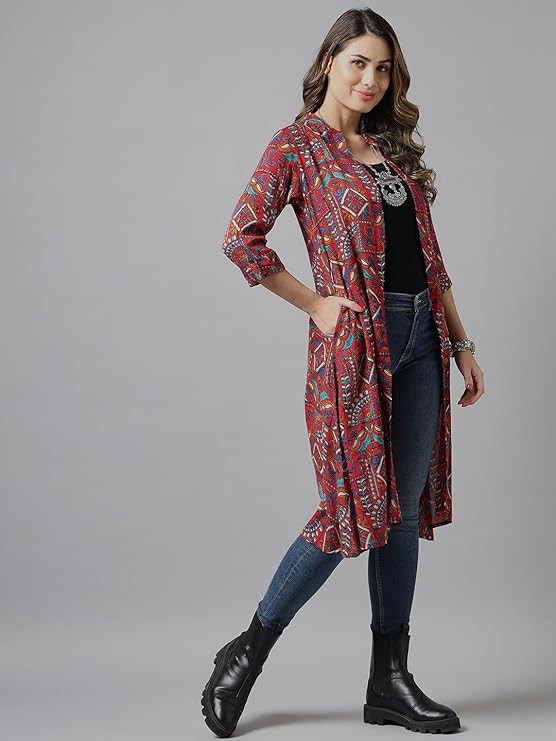 Azira 100% Cotton Ethnic Print Long Front Open Shrug | Calf Length |Western & Casual Wear| Summer Wear | Shrugs for Woman Stylish