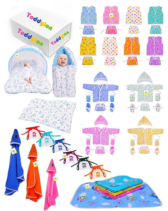 Baby Newborn Complete Clothing Set | 56 in 1 New Born Essentials Kit | Combo Set for New Born | Hospital Bag Kit & Shower Gift | 0–6 Months (Blue)