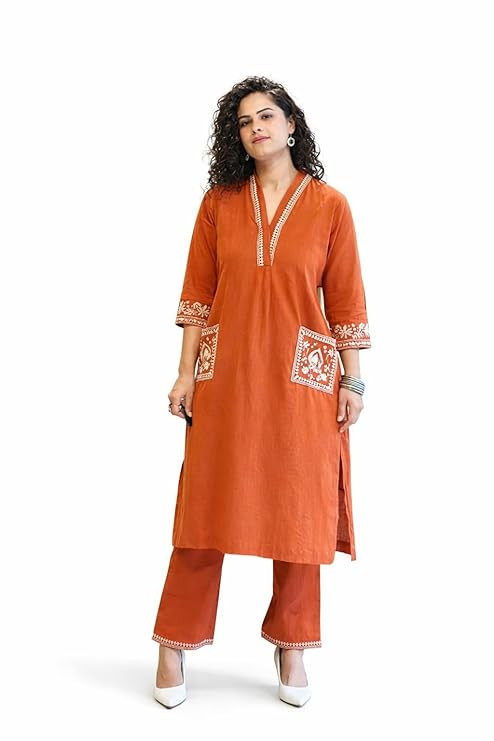 Women's Embroidered Cotton Kurta Set, with Pockets, Designer Sleeves, Casual Elegant Ethnic Suit