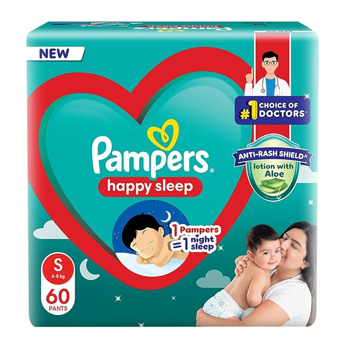 Pampers Happy Sleep Pant Style Baby Diapers, Small (S), 60 Count, 1 Pampers = 1 Night Sleep, with Anti Rash Shield, 4-8 Kg Diapers