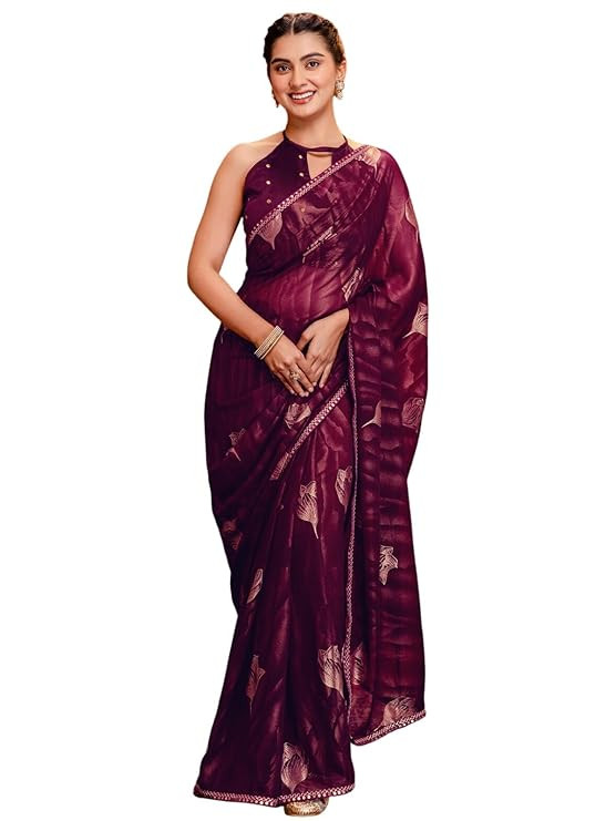 Satrani Women's Georgette Foil Printed Saree with Unstitched Blouse Piece