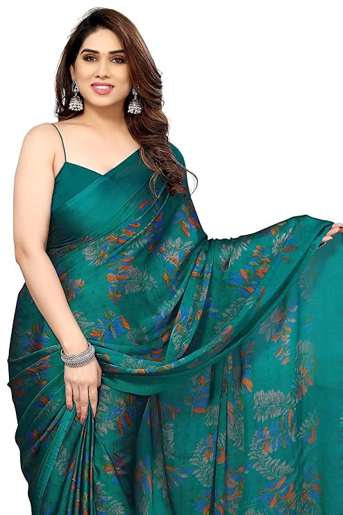 MIRCHI FASHION Saree for Woman Chiffon Leaf Printed | Lightweight Daily Wear Comfortable Women's Sari with Blouse Piece