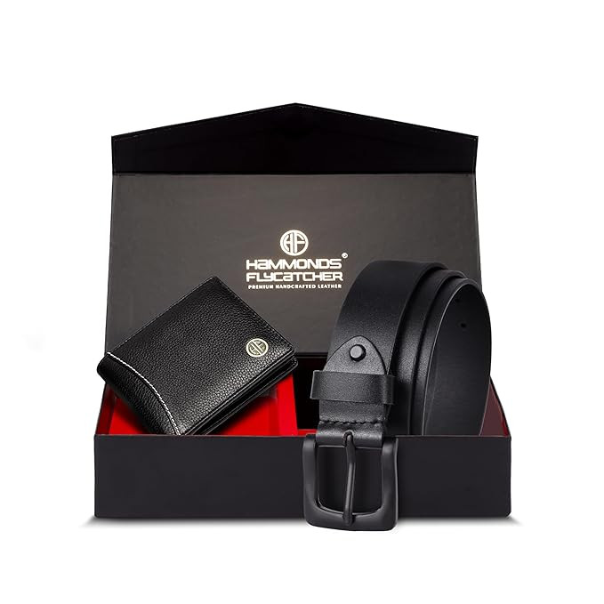 HAMMONDS FLYCATCHER Men Genuine Leather Black Gift Combo-Wallet & Belt Combo Box-Belt- Birthday Special & Unique Gift Ideas for Husband,Boyfriend,Teachers,Father -,Black