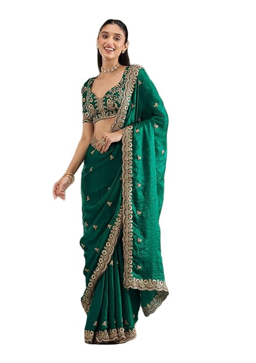 Tavasya Women's Soft Fandy Chiffon Saree with Heavy Embroidery Sequins Work, Elegant Border & Designer Pallu, Paired with Fully Embroidered Fandy Chiffon Blouse Piece
