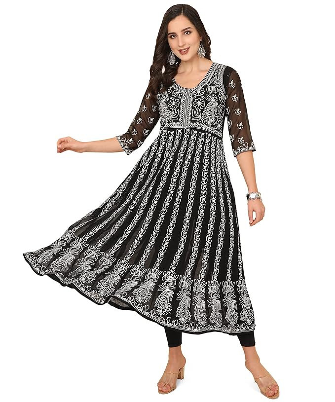 EthnicJunction Women's Georgette Regular Fit Anarkali Chikankari Embroidered Eid Special Kurta | Eid Outfits