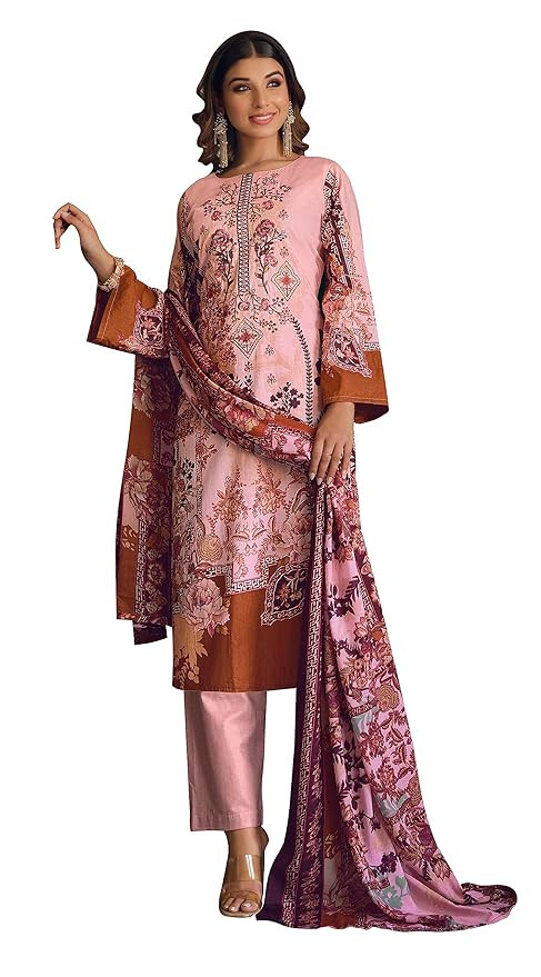 RIWAAYAT TRENDS Unstitched Pakistani Print Embroidered Cotton Suit Dress Materials with Cotton Printed Dupatta