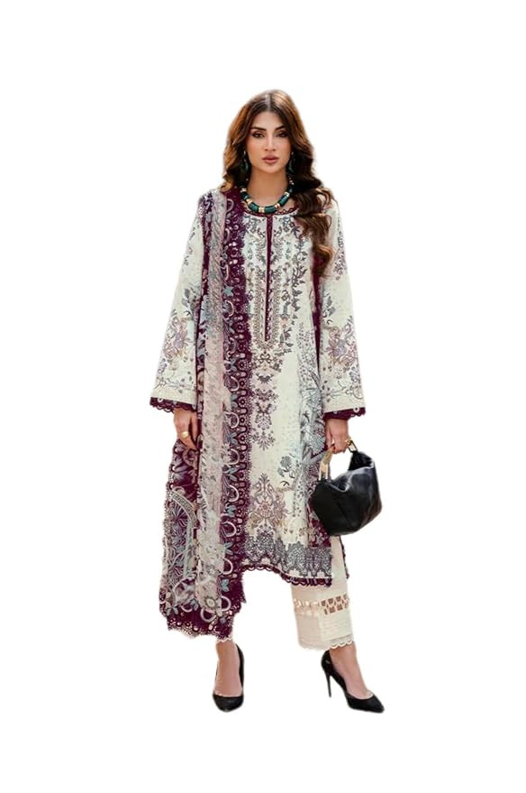 Pakistani Unstitch Lawn dress for women with Heavy Embroedery Patche Work and Digitel Cotton mal mal dupatta