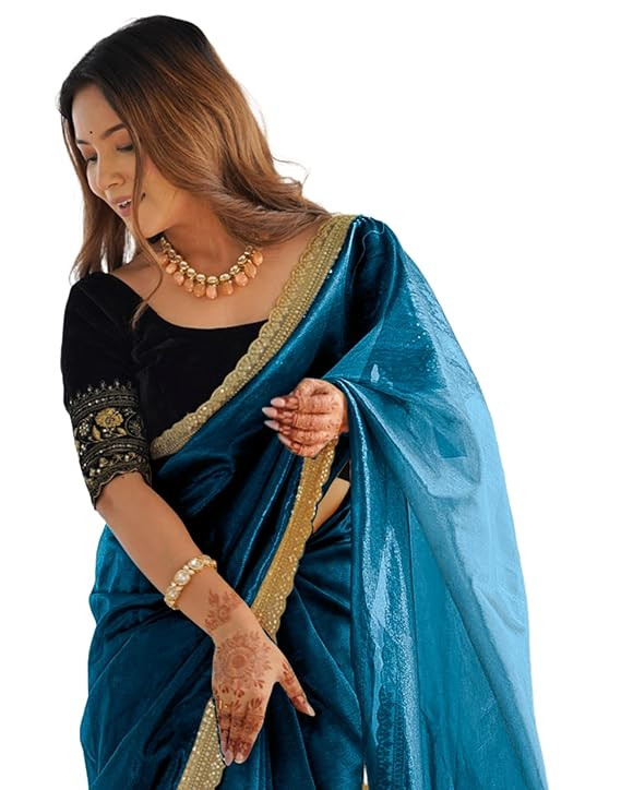 SIRIL Women's Shimmer Net Sequence Embroidery Lace Saree for With Unstitched Blouse Piece