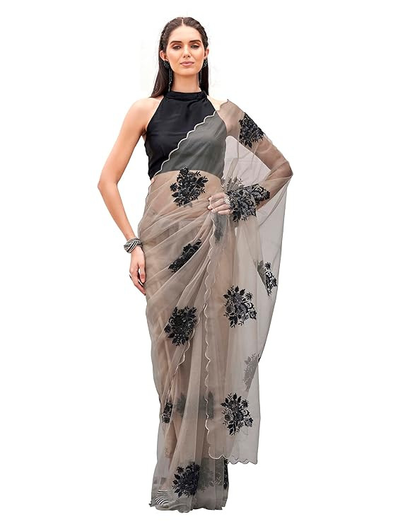 Womanista Women's Tan colored embroidered net saree with scalloped border(TI7088_Tan_Onesize)