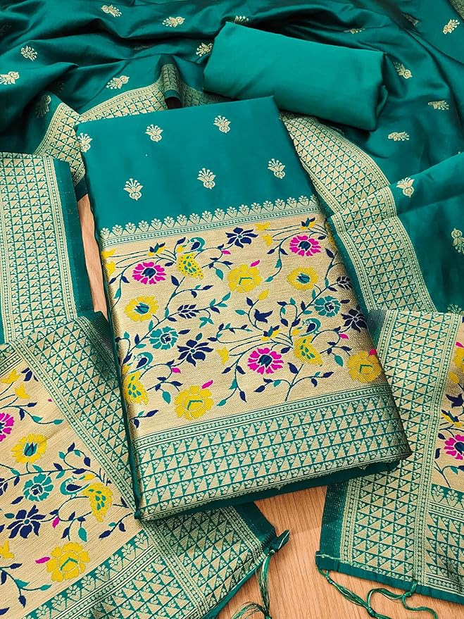 Pure Zari Banarasi Silk Suit Dress Material for Woman Premium Banarasi Dress Materials for Women Unstitched Soft Silk Top Bottom Dupatta Mor Jal Design