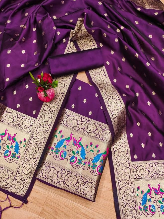 Banarasi Dress Materials for Women Unstitched Suit Set with Dupatta, Pure Zari Soft Banarasi Silk Suit Material for Women Unstitched Peacock Design Salwar Suit Material