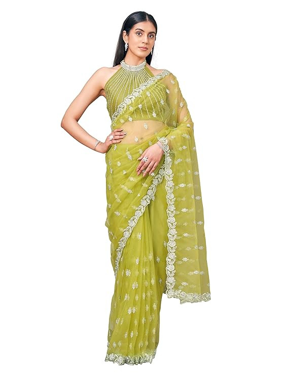 Womanista Women's Neon green colored embroidered designer net saree with faux diamond(TI7379_Neon green_Onesize)