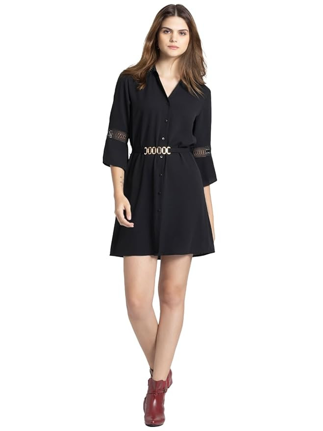 SHAYE Black 3/4th Sleeves Polyester Shirt Collar Solid Mini Dress for Women
