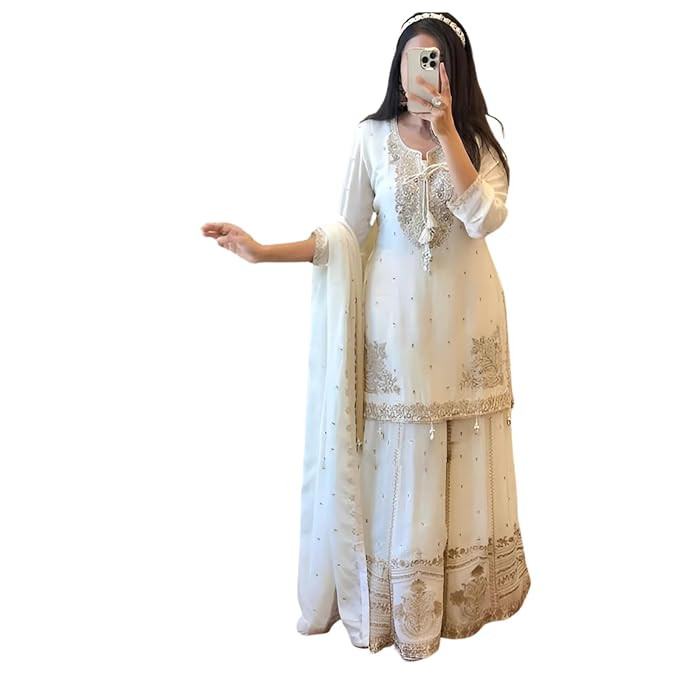 Shishkala Women's White Embroidered Georgette Sharara Set with Dupatta | Party Kurta Pant | Festive Wedding Ethnic Dress for Women Elegant dress