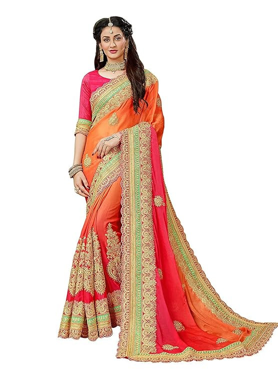 MANOHARI Women's Heavy Embroidered Moss Chiffon Dual Color Padding Saree for Women | Ethnic Wedding Wear Saree with Blouse Piece | Party Wear Dual Color Saree