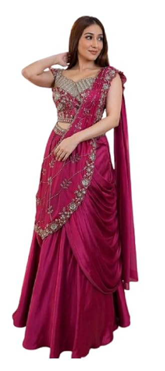 Lehenga Saree For Women's And Girls For Style Embroidery Sequins work ready to wear saree with Embroidery Blouse wedding bollywood party girls Pink