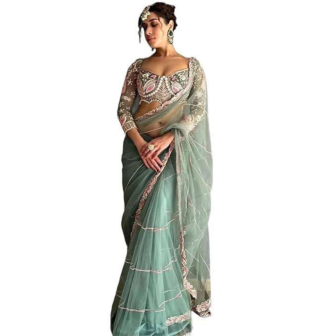 Designer Net Saree for Women with Embroidery, Dori & Sequins Work | Diamond Lace Border Saree with Kasturi Silk Unstitched Blouse