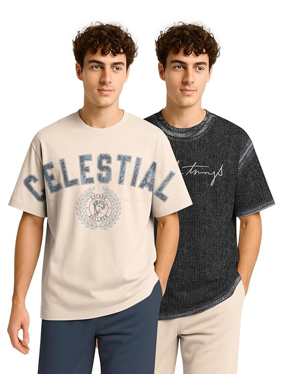 BULLMER Trendy Half Sleeve Oversized Cotton Blend Crew Neck Tshirt for Men - Pack of 2
