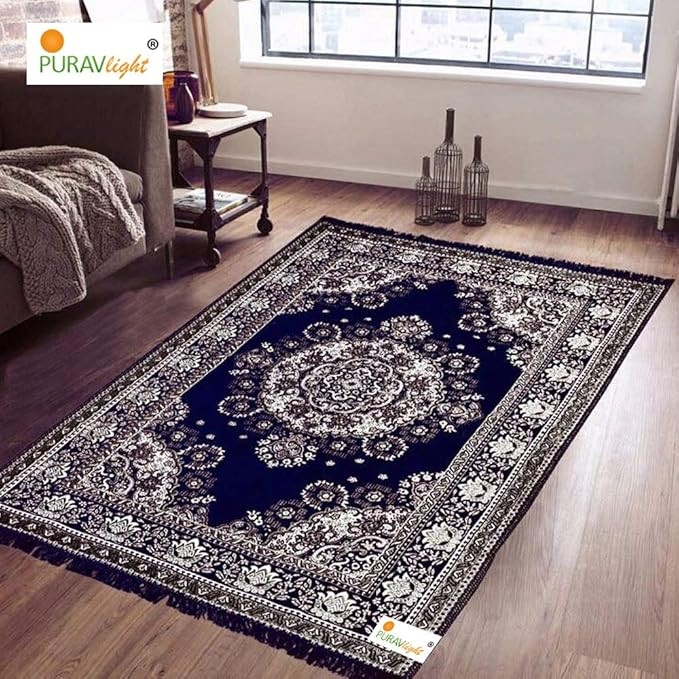 Purav Light Home Decor Cotton Carpets for Living Room 5x7 feet Multi-Use Flower Design Carpet Mats (Blue Colour)