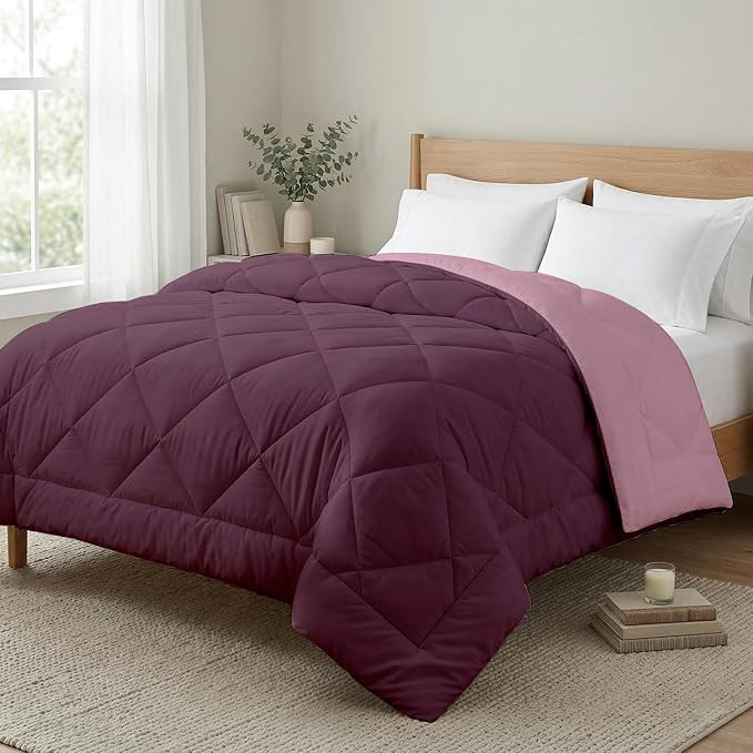 AYKA Reversible AC Comforter 150 GSM Lightweight Microfiber Summer Blanket for Double Bed (90x100 Inches) | Soft Cooling Quilt, Breathable All Season Duvet for AC Room | Cameo & Plum