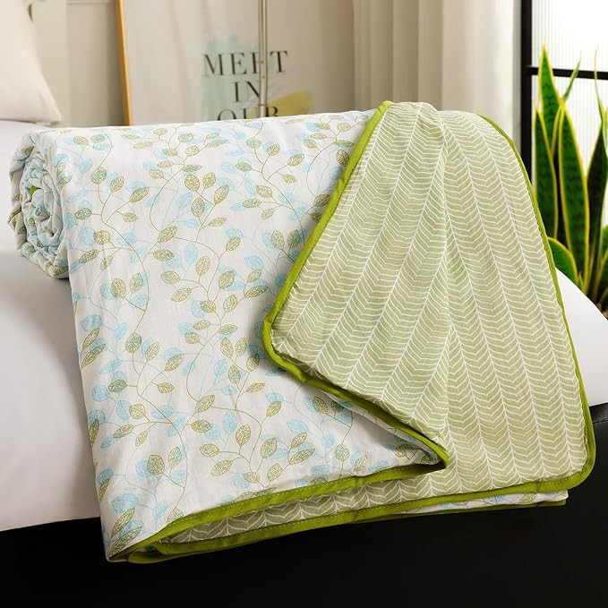 Story@Home Dohar Single Bed Cotton AC Blanket for Summer | 144x 220CM, 150GSM Ac Comforter and AC Blanket for Summer | Olive Green & White | Floral Pattern Quilt Duvet | All-Season Blanket
