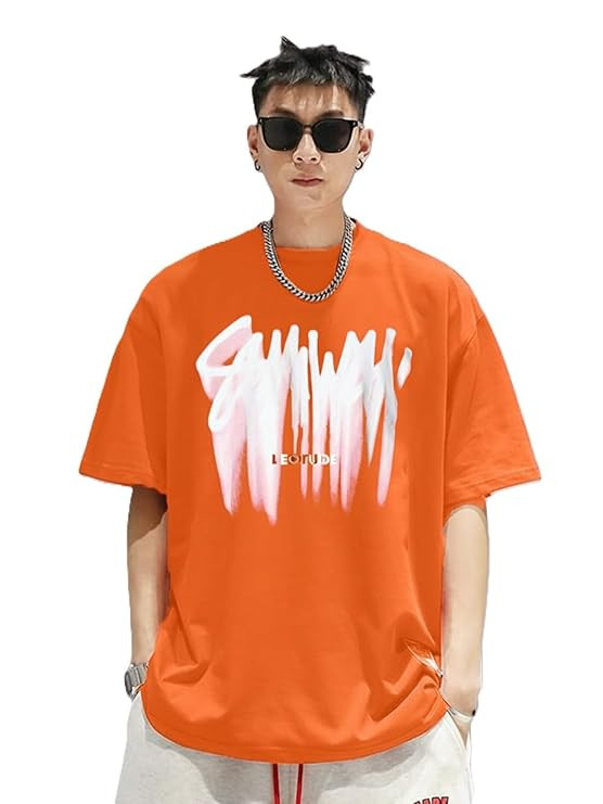 LEOTUDE Classy Look Half Sleeve Cottonblend Front Printed Round Neck Drop Shoulder Oversized Tshirt for Man (Color Orange)