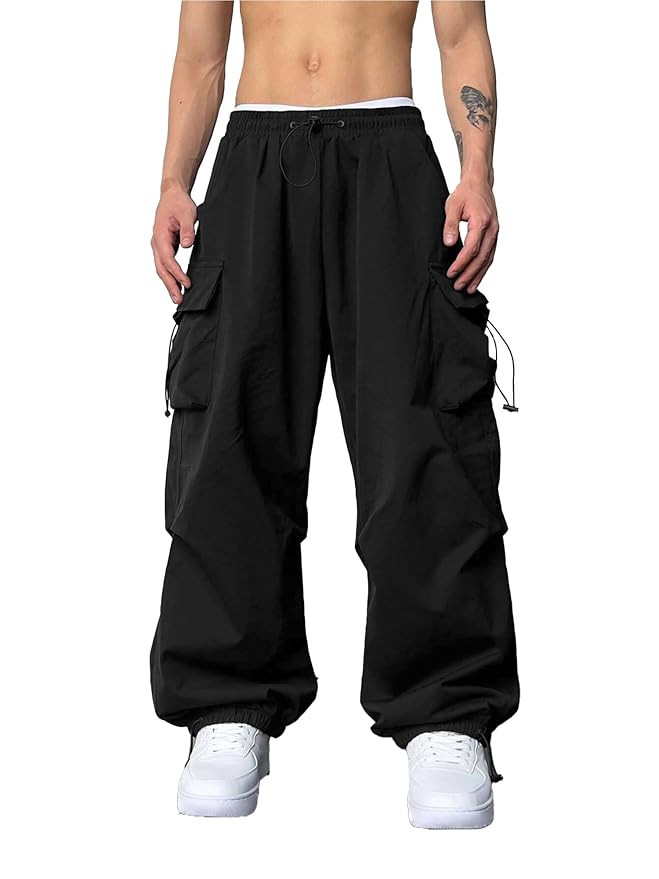 Maniac Mens Solid Side Pockets Black Nylon Fabric Baggy fit Cargo Pant