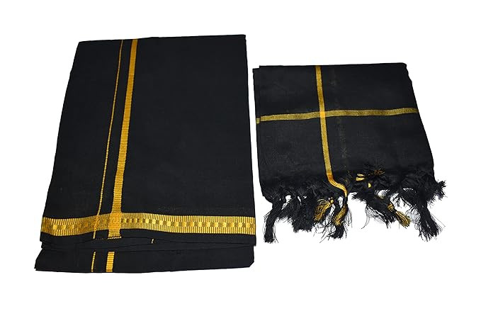 Success Stationery COTTONISM Single Dhoti with Matching Towel, Premium Cotton Comfort, Easy Pull-on Fit, Sabarimala Vratham Ayyappa Dress, Black